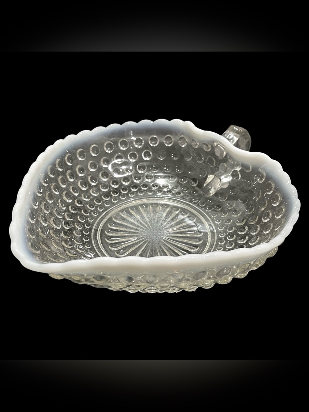 Vintage 1940s Anchor Hocking Opalescent Moonstone Leaf Candy Dish Glass